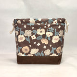 Knap Flowers Brown Navy Large Drawstring Knitting Project Craft Bag