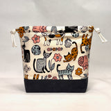 Scandinavian Cats Navy Large Drawstring Knitting Project Craft Bag
