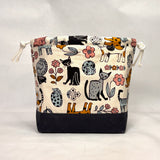 Scandinavian Cats Navy Large Drawstring Knitting Project Craft Bag