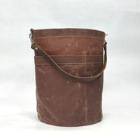 Dark Oak Waxed Canvas Round Bucket Tote with Leather Detachable Strap