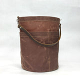 Dark Oak Waxed Canvas Round Bucket Tote with Leather Detachable Strap