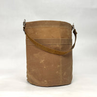 Tan Waxed Canvas Round Bucket Tote with Leather Detachable Strap