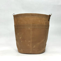 Tan Waxed Canvas Round Bucket Tote with Leather Detachable Strap
