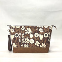 Gather Flowers Brown XL Zipper Knitting Project Craft Bag with Detachable Leather Wrist Strap