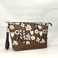 Gather Flowers Brown XL Zipper Knitting Project Craft Bag with Detachable Leather Wrist Strap