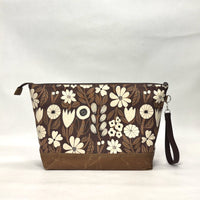 Gather Flowers Brown XL Zipper Knitting Project Craft Bag with Detachable Leather Wrist Strap