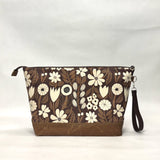 Gather Flowers Brown XL Zipper Knitting Project Craft Bag with Detachable Leather Wrist Strap