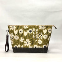 Gather Flowers Olive XL Zipper Knitting Project Craft Bag with Detachable Leather Wrist Strap