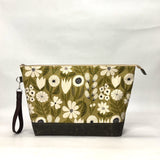 Gather Flowers Olive XL Zipper Knitting Project Craft Bag with Detachable Leather Wrist Strap