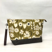 Gather Flowers Olive XL Zipper Knitting Project Craft Bag with Detachable Leather Wrist Strap