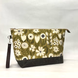 Gather Flowers Olive XL Zipper Knitting Project Craft Bag with Detachable Leather Wrist Strap