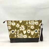 Gather Flowers Olive XL Zipper Knitting Project Craft Bag with Detachable Leather Wrist Strap