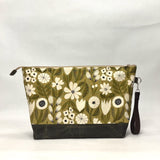 Gather Flowers Olive XL Zipper Knitting Project Craft Bag with Detachable Leather Wrist Strap