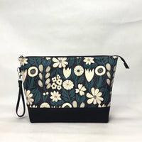 Gather Flowers Black XL Zipper Knitting Project Craft Bag with Detachable Leather Wrist Strap