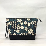 Gather Flowers Black XL Zipper Knitting Project Craft Bag with Detachable Leather Wrist Strap