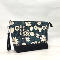 Gather Flowers Black XL Zipper Knitting Project Craft Bag with Detachable Leather Wrist Strap