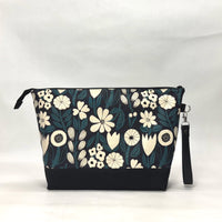 Gather Flowers Black XL Zipper Knitting Project Craft Bag with Detachable Leather Wrist Strap