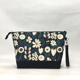 Gather Flowers Black XL Zipper Knitting Project Craft Bag with Detachable Leather Wrist Strap