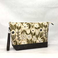 Gather Flowers Beige XL Zipper Knitting Project Craft Bag with Detachable Leather Wrist Strap