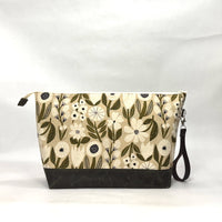 Gather Flowers Beige XL Zipper Knitting Project Craft Bag with Detachable Leather Wrist Strap