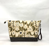 Gather Flowers Beige XL Zipper Knitting Project Craft Bag with Detachable Leather Wrist Strap