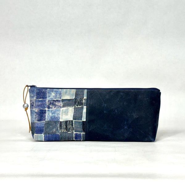 Gather Geometric Blue L Short Wide Small Zipper Pouch Gadget Case Cosmetics Bag