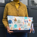 Scandinavian Christmas Trees XL Zipper Knitting Project Craft Wedge Bag with Detachable Leather Wrist Strap