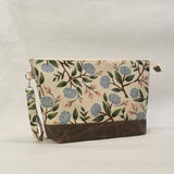 Peonies Natural XL Zipper Knitting Project Craft Wedge Bag with Detachable Leather Wrist Strap