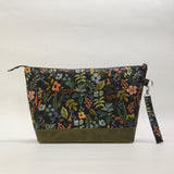 Herb Garden Black XL Zipper Knitting Project Craft Wedge Bag with Detachable Leather Wrist Strap