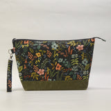 Herb Garden Black XL Zipper Knitting Project Craft Wedge Bag with Detachable Leather Wrist Strap