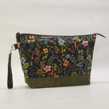 Herb Garden Black XL Zipper Knitting Project Craft Wedge Bag with Detachable Leather Wrist Strap