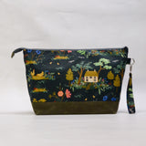 Garden Toile Dark XL Zipper Knitting Project Craft Wedge Bag with Detachable Leather Wrist Strap