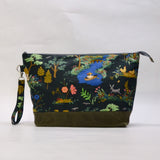 Garden Toile Dark XL Zipper Knitting Project Craft Wedge Bag with Detachable Leather Wrist Strap