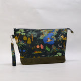 Garden Toile Dark XL Zipper Knitting Project Craft Wedge Bag with Detachable Leather Wrist Strap