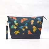 Butterflies Navy XL Zipper Knitting Project Craft Wedge Bag with Detachable Leather Wrist Strap