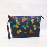 Butterflies Navy XL Zipper Knitting Project Craft Wedge Bag with Detachable Leather Wrist Strap