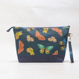 Butterflies Navy XL Zipper Knitting Project Craft Wedge Bag with Detachable Leather Wrist Strap