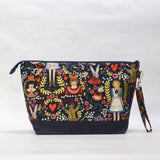 Wonderland Navy XL Zipper Knitting Project Craft Wedge Bag with Detachable Leather Wrist Strap