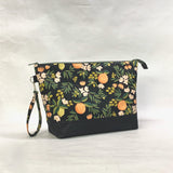 Rifle Paper Co Citrus Black XL Zipper Knitting Project Craft Wedge Bag with Detachable Leather Wrist Strap
