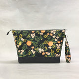 Rifle Paper Co Citrus Black XL Zipper Knitting Project Craft Wedge Bag with Detachable Leather Wrist Strap