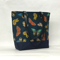 Butterflies Navy / Waxed Canvas Tote Bag with Leather Straps