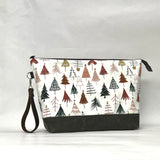 Christmas Trees XL Zipper Knitting Project Craft Wedge Bag with Detachable Leather Wrist Strap