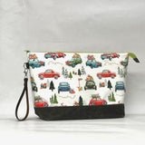 Christmas Adventure XL Zipper Knitting Project Craft Wedge Bag with Detachable Leather Wrist Strap