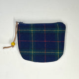 Navy and Green Wool Plaid Round Zipper Pouch / Coin Purse / Gadget Bag