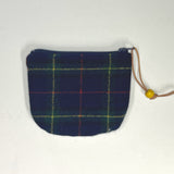 Navy and Green Wool Plaid Round Zipper Pouch / Coin Purse / Gadget Bag