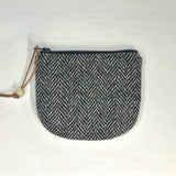 Black Wool Herringbone Round Zipper Pouch / Coin Purse / Gadget Bag