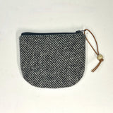 Black Wool Herringbone Round Zipper Pouch / Coin Purse / Gadget Bag
