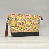Spring Floral Pink XL Zipper Knitting Project Craft Wedge Bag with Detachable Leather Wrist Strap