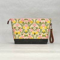 Spring Floral Pink XL Zipper Knitting Project Craft Wedge Bag with Detachable Leather Wrist Strap