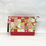 Patchwork Red/Green XL Zipper Knitting Project Craft Wedge Bag with Detachable Leather Wrist Strap
